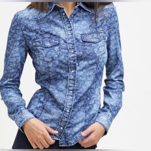 Guess Lalima In Kanji Acid Denim Button Up Shirt Size L